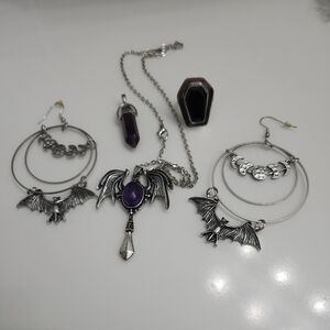 Large bat earrings, Amethyst pendants, Obsidian coffin ring